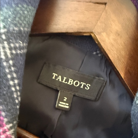 Talbots Navy Plaid Pea Coat with Pink and Light Green Accents - Picture 4 of 5